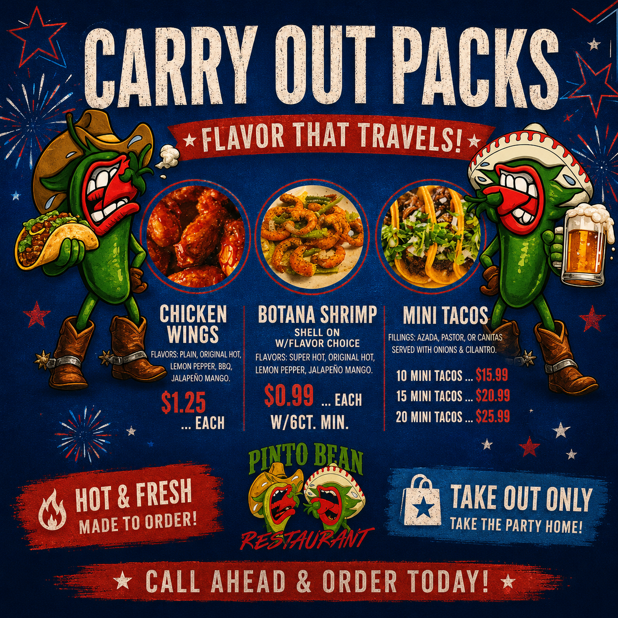 Carry Out Packs — chicken wings, botana shrimp, mini tacos